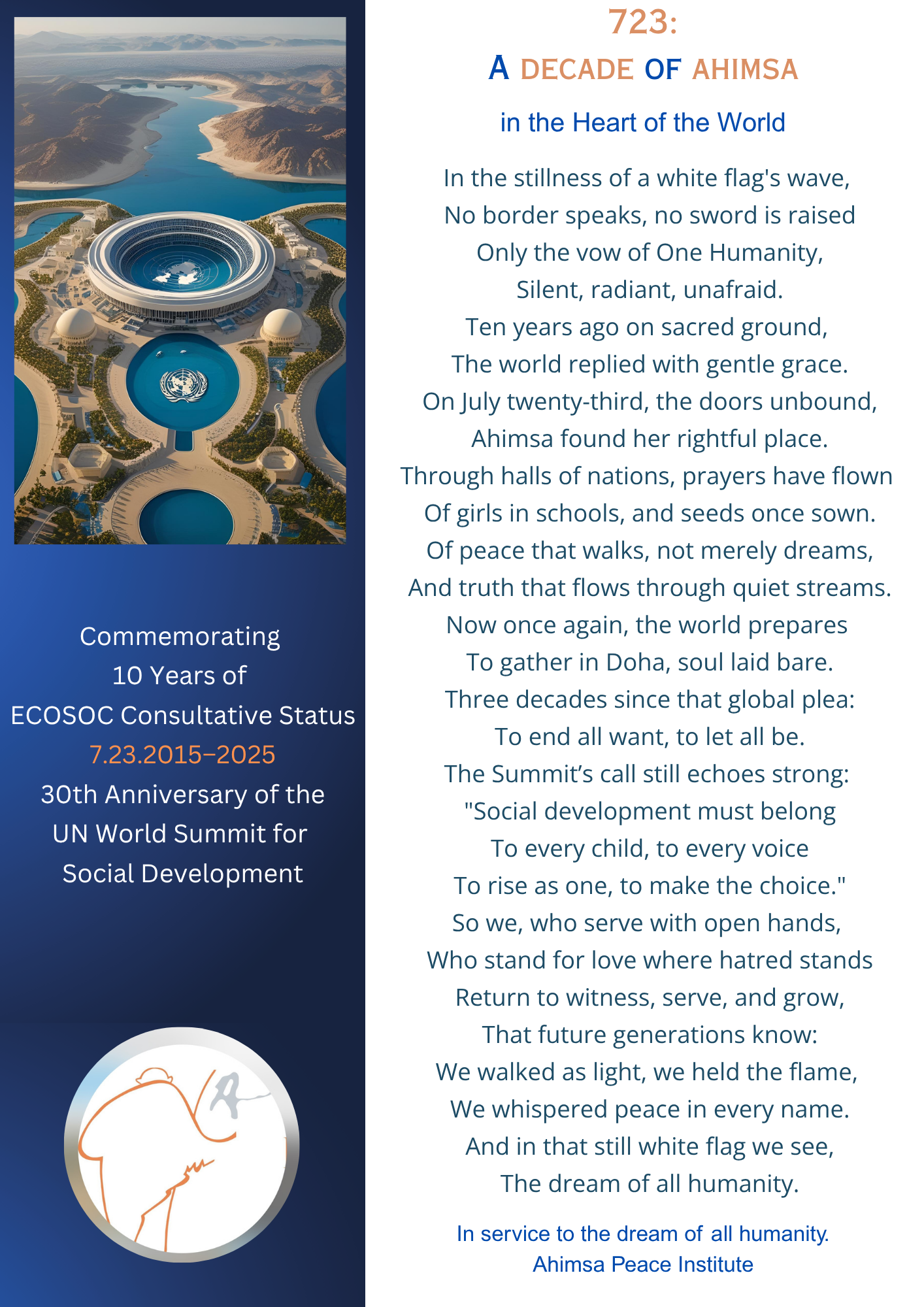 Poem commemorating 10 years of Ahimsa Peace Institute's ECOSOC status and the vision of One Humanity"