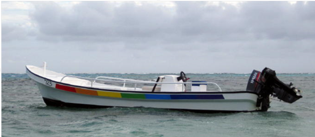 Boat named 723 gifted to Adi Da in 2008, painted with the rainbow flag of unity.