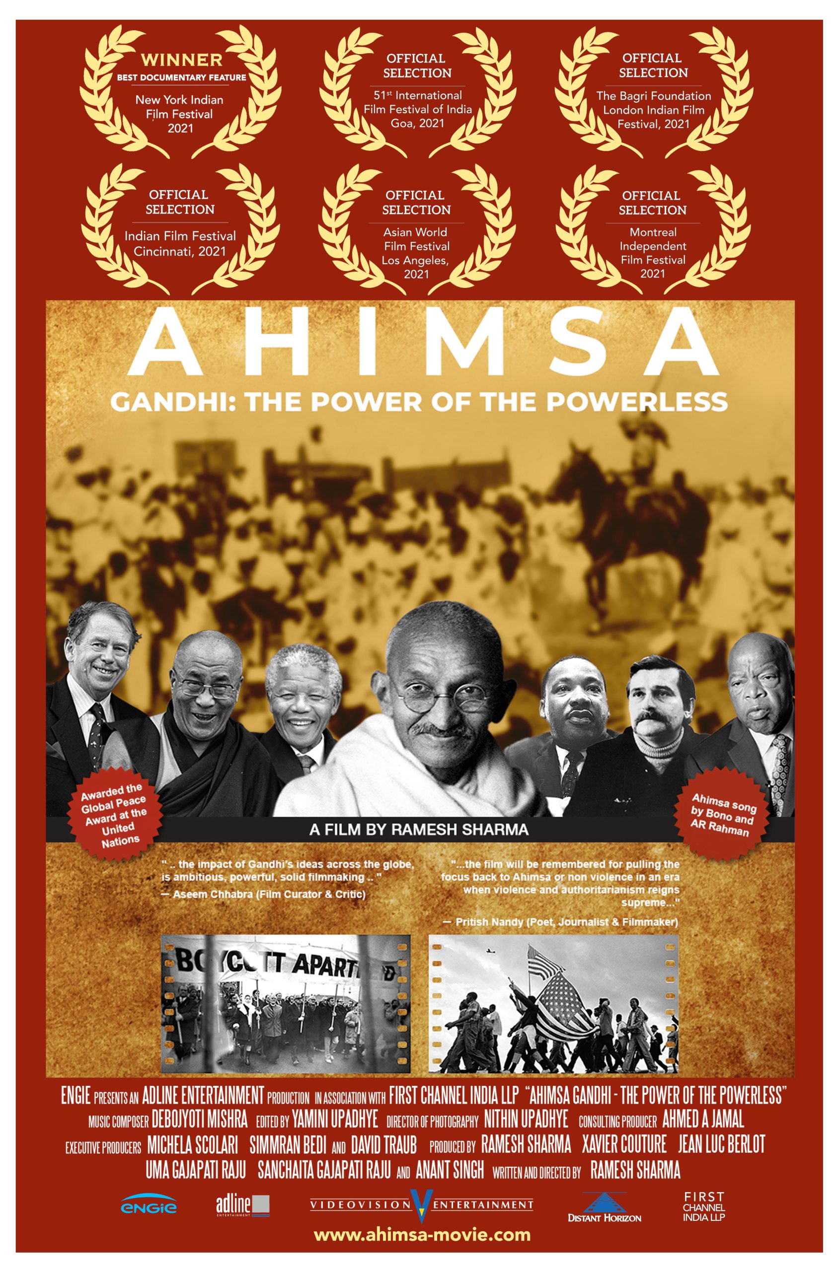 Official film poster for Ahimsa — Gandhi: The Power of the Powerless, featured at the United Nations Second World Summit for Social Development (WSSD2), Doha, Qatar, 2025.