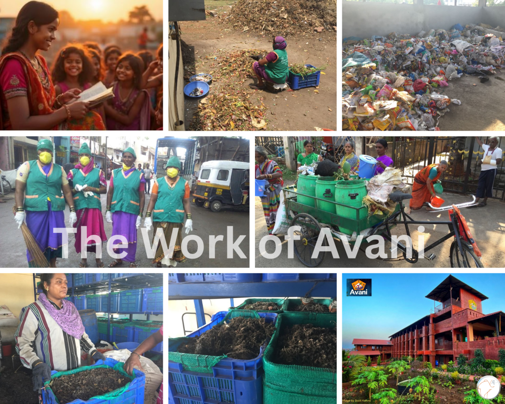 Collage showing women waste workers, composting initiatives, and AVANI’s Home for Girls in Kolhapur, India — illustrating sustainable empowerment through education and environmental action.